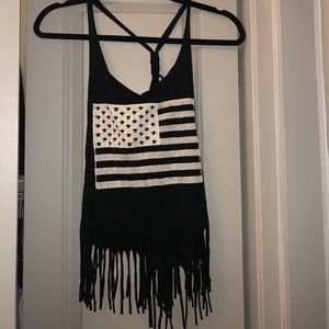 Monochrome Fringe American Flag Crop Top- Size M